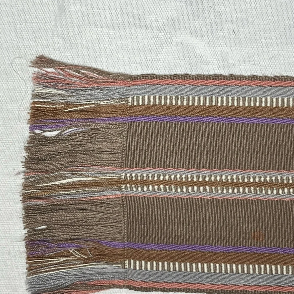Vintage Claiborne Brown Coral Taupe Purple Striped Tapestry Tie Belt w/ Fringe